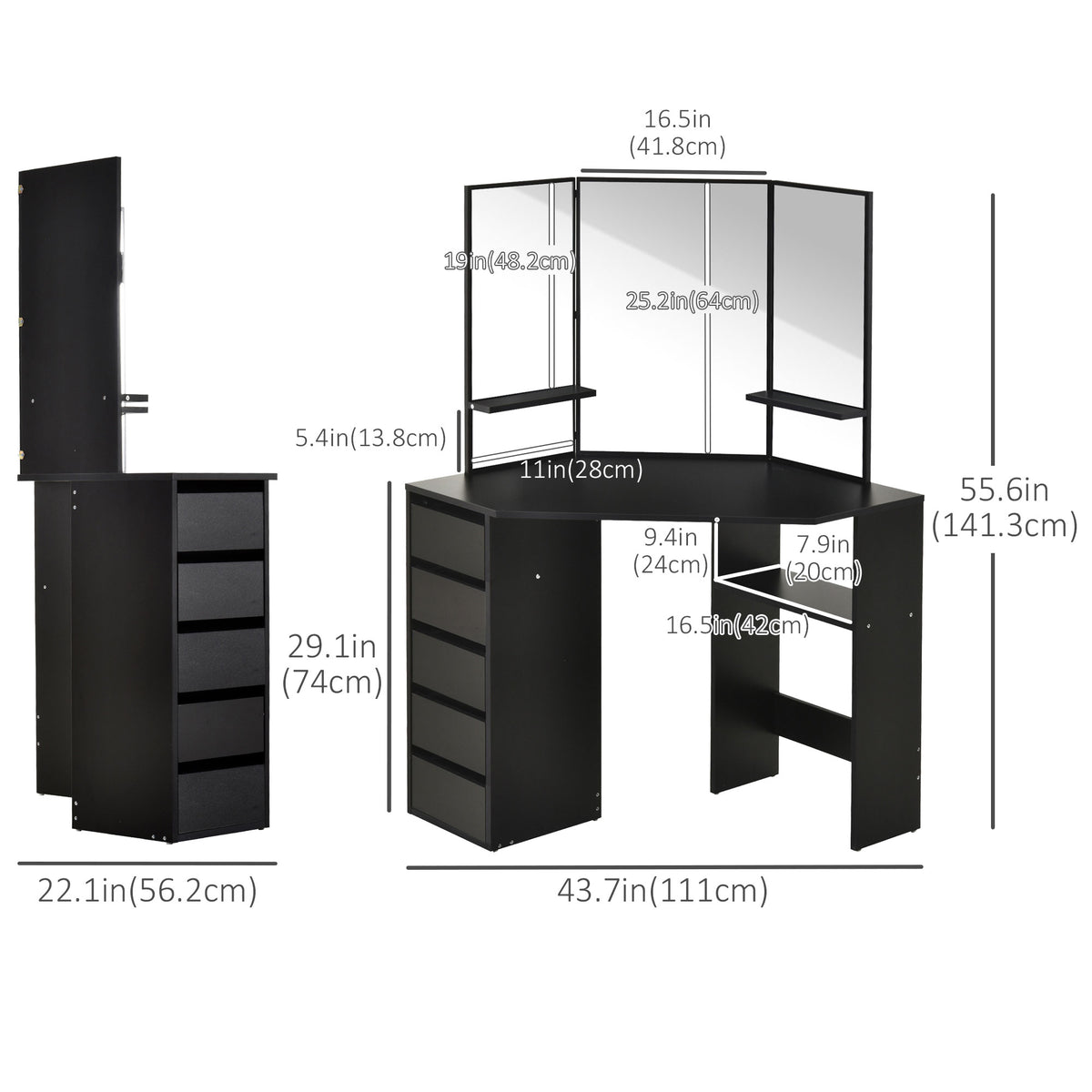 Table de maquillage d'angle miroir triptyque avec tiroirs