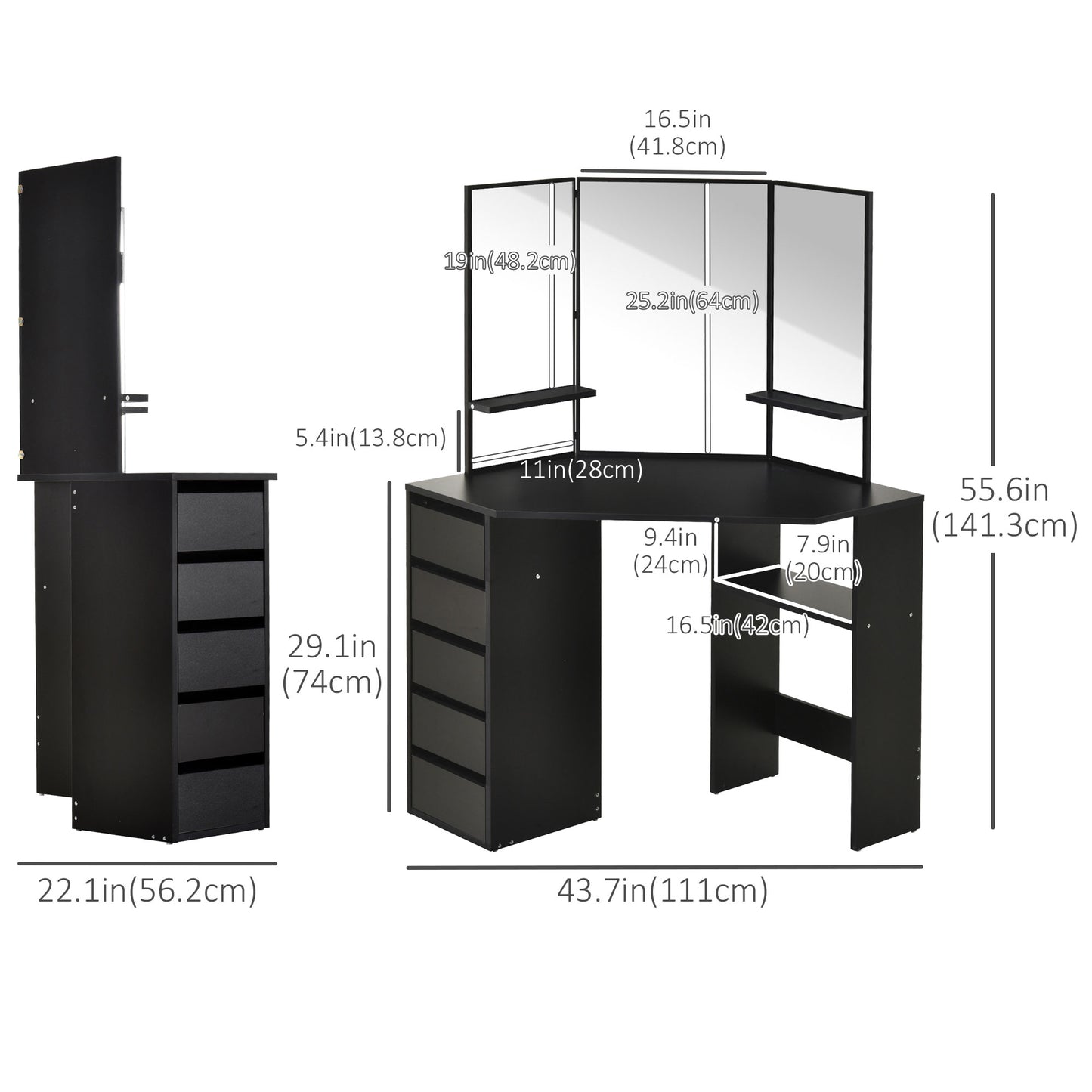 Table de maquillage d'angle miroir triptyque avec tiroirs