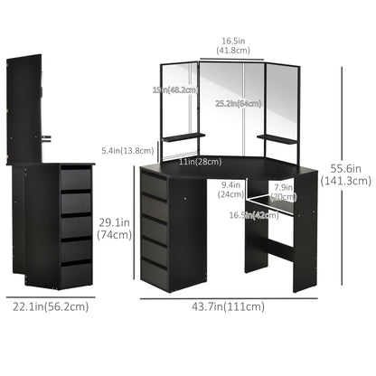 Table de maquillage d'angle miroir triptyque avec tiroirs