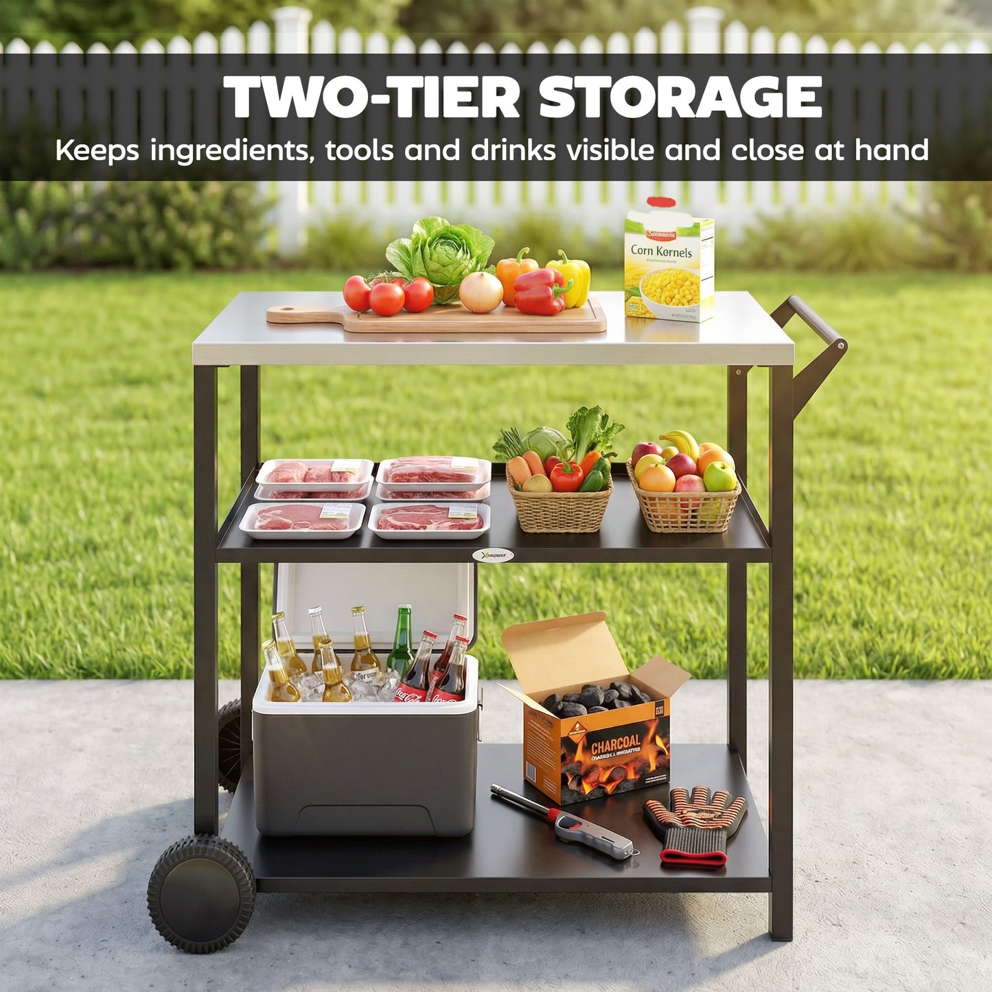 Chariot BBQ mobile 3 tablettes acier inoxydable