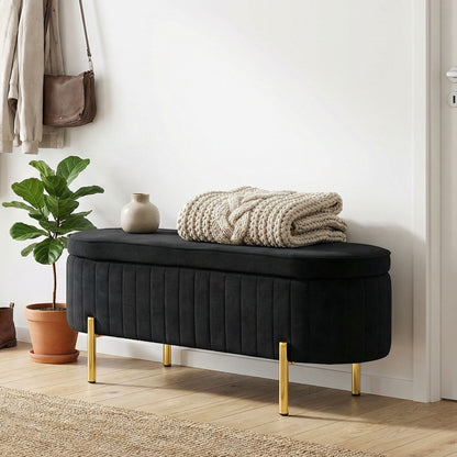 Banc coffre capitonné à cannelures, pieds dorés