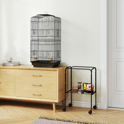 Cage à oiseaux sur roulettes avec tablette de rangement