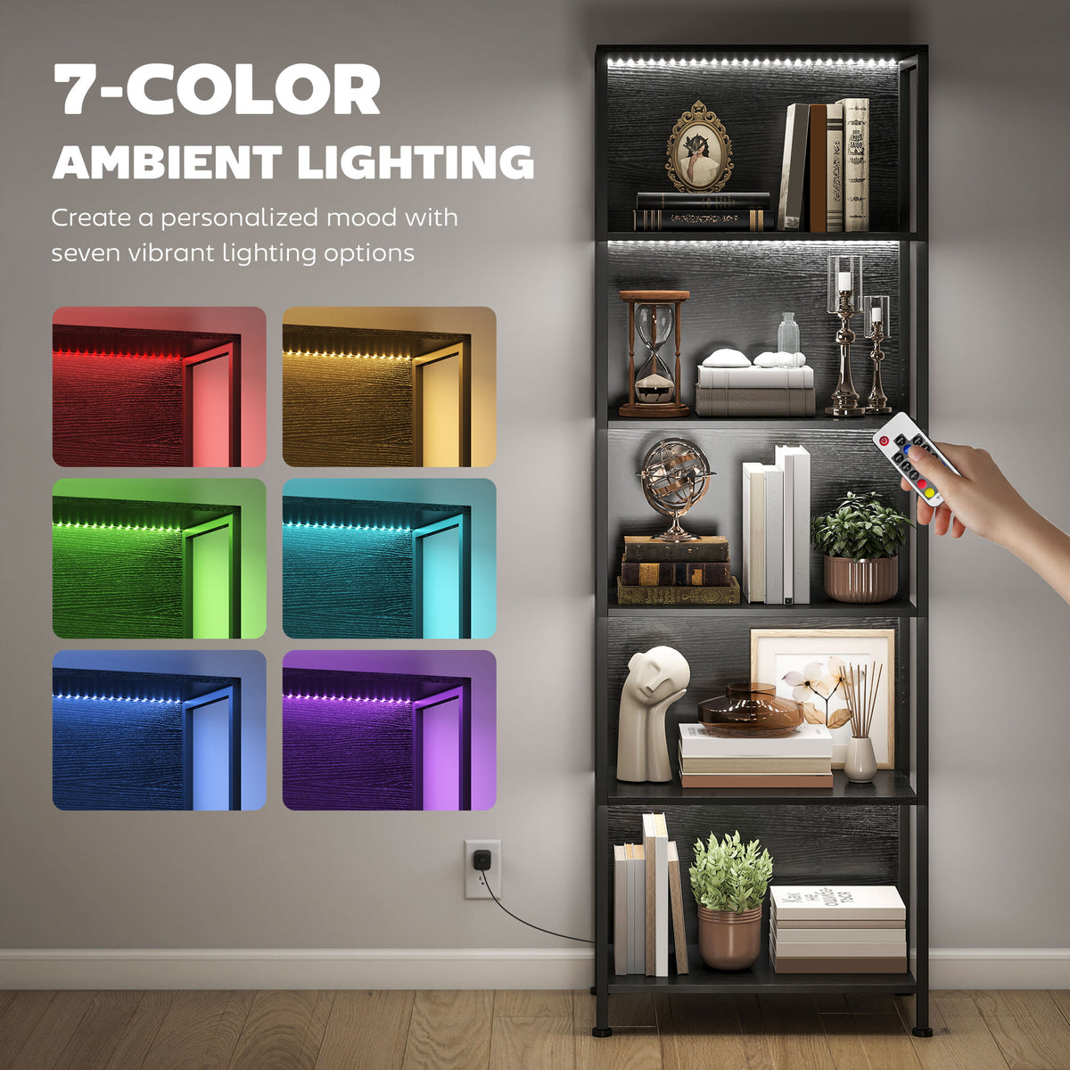 Bibliothèque autoportante 5 tablettes avec lumières LED