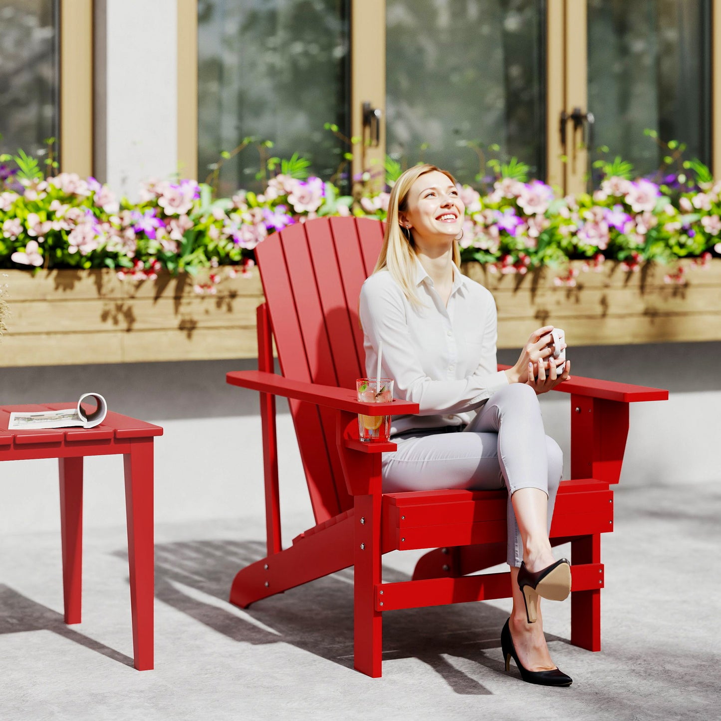 Chaise Adirondack en bois avec porte-gobelet