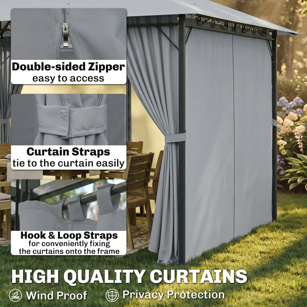 Gazebo de patio 2 niveaux avec rideaux amovibles