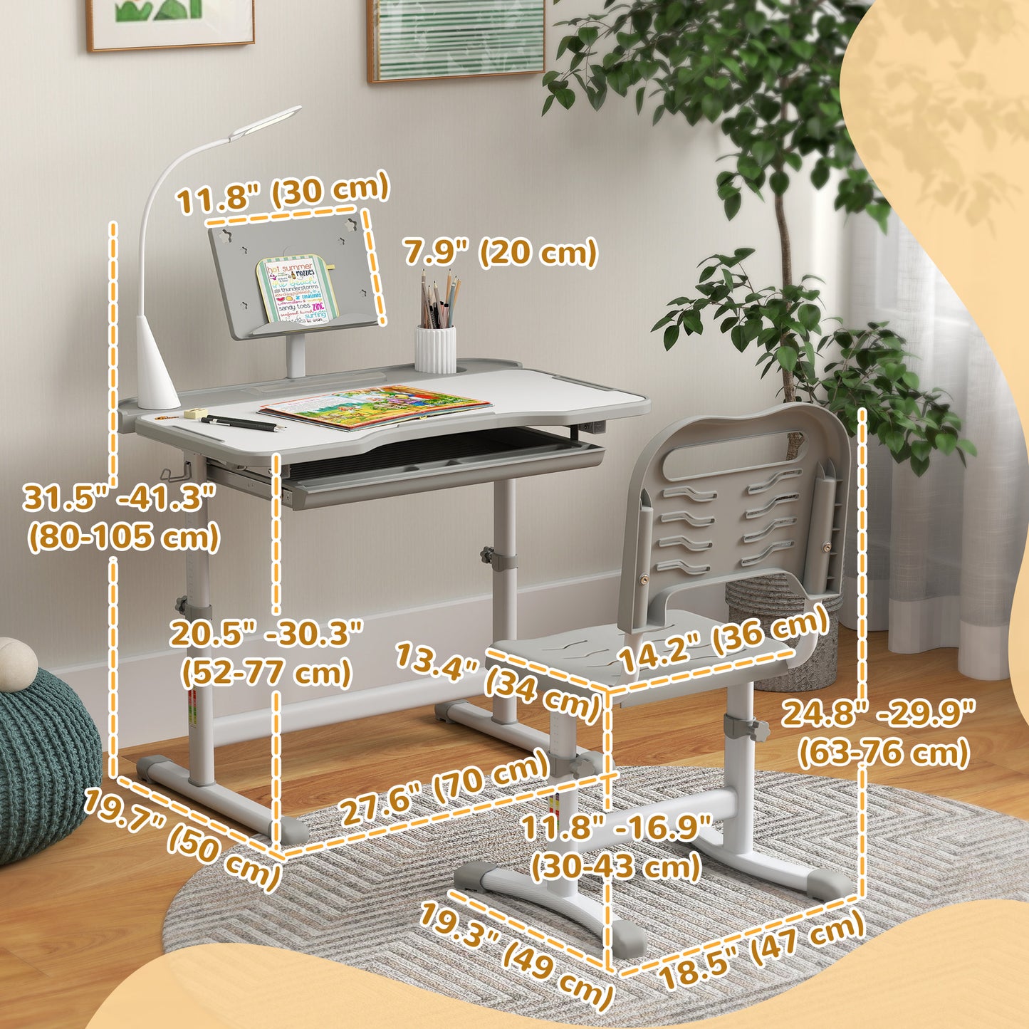 Bureau enfant ajustable avec chaise et lampe LED