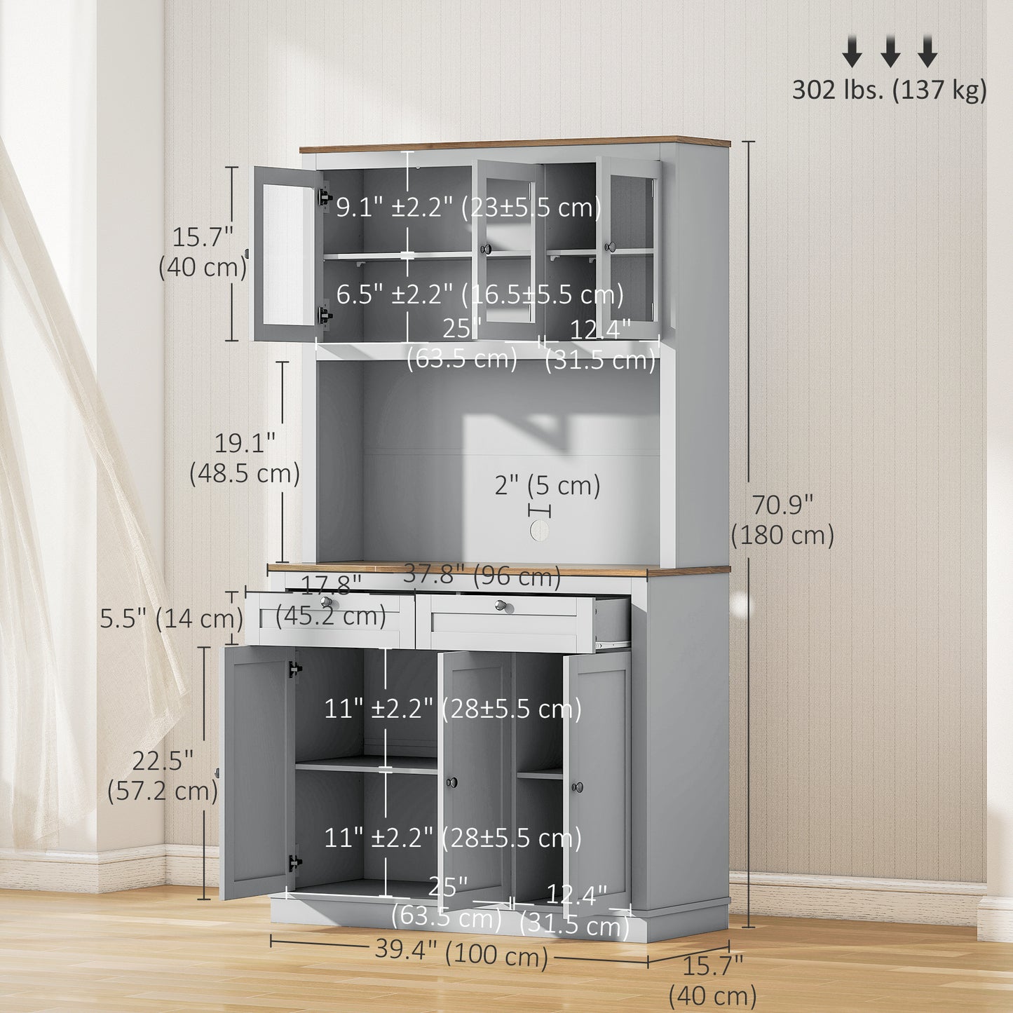 Armoire-buffet cuisine avec espace micro-ondes et portes vitrées