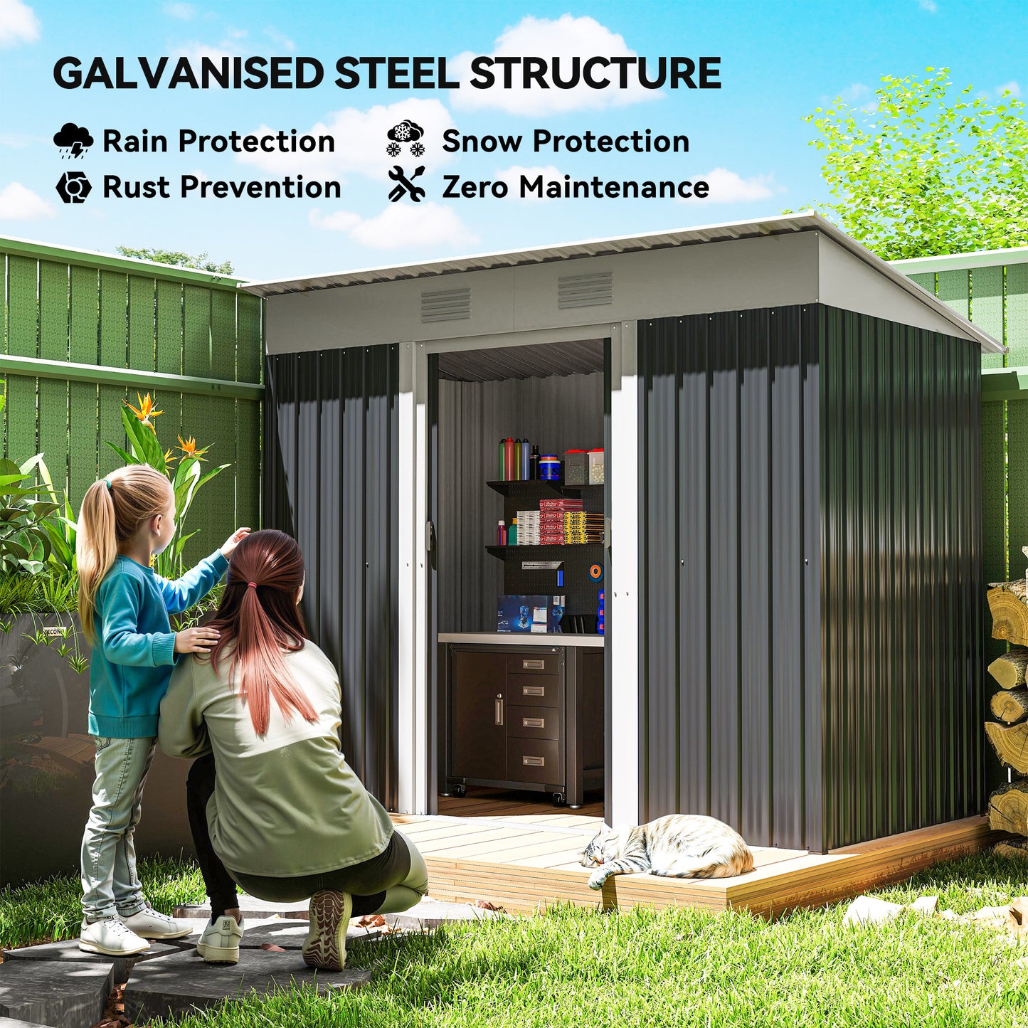 Abri de jardin en acier galvanisé avec portes coulissantes