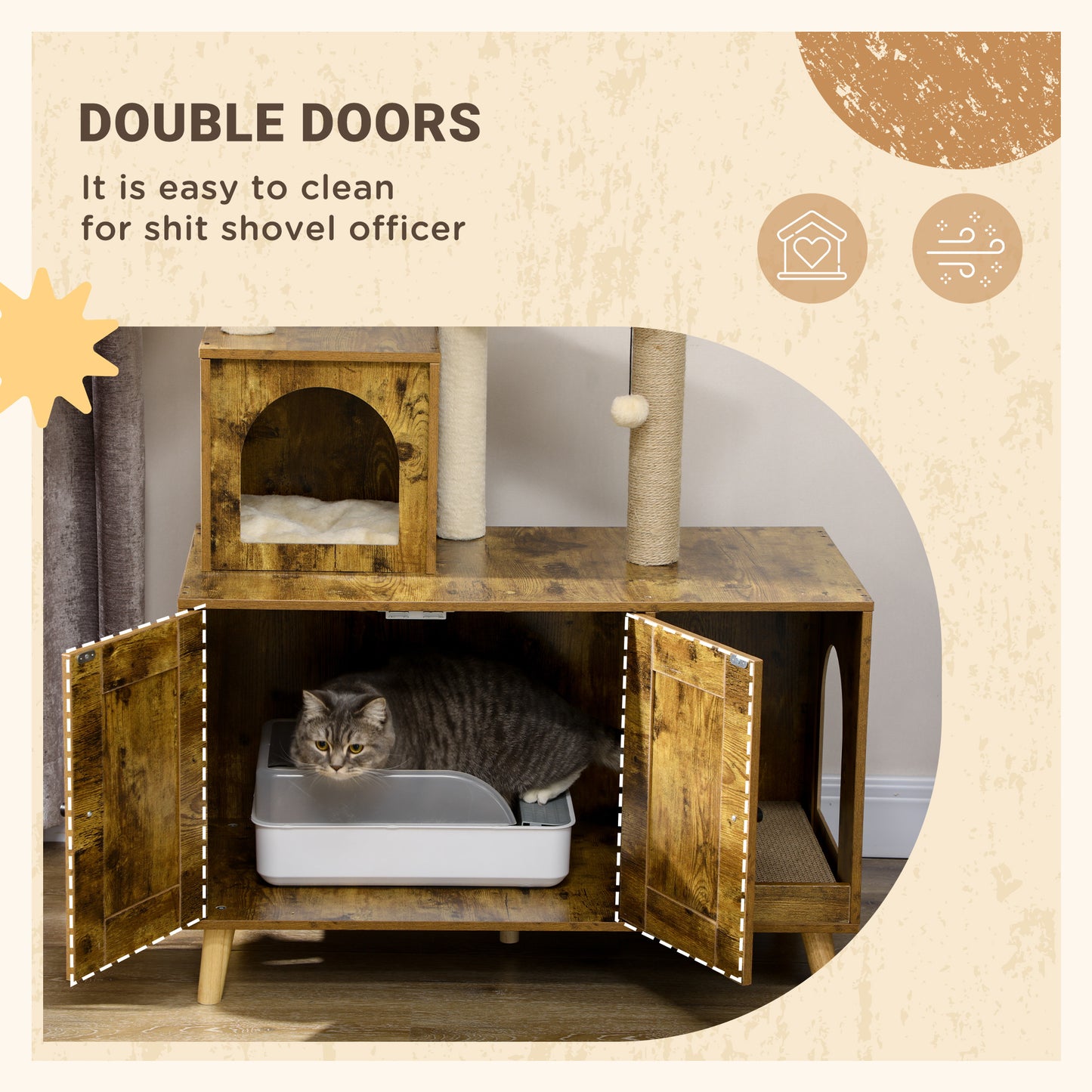 Meuble cachette litière avec arbre à chat tour