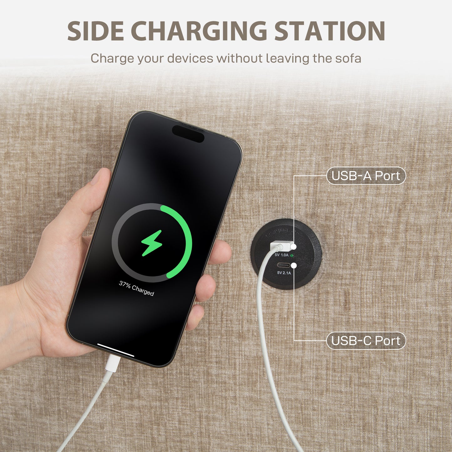 Canapé 3 places avec ports USB et porte-gobelets