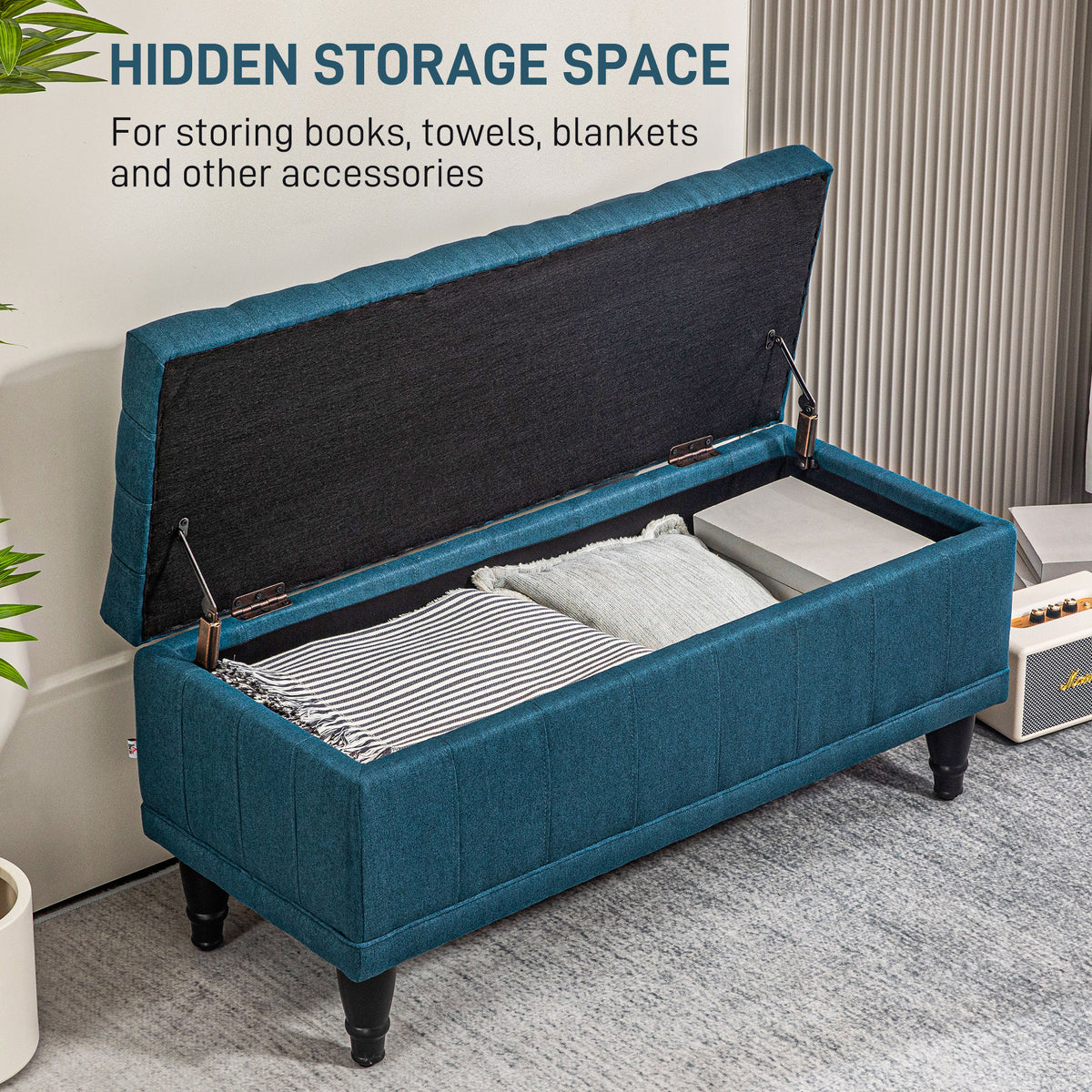 Banc de rangement capitonné en tissu