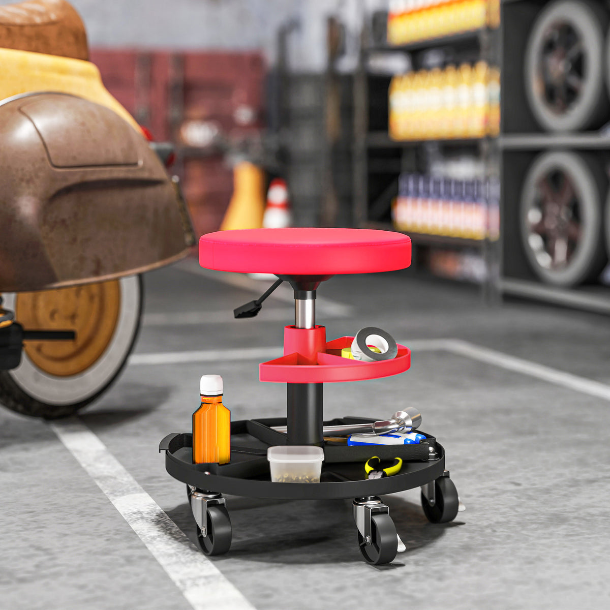 Tabouret de garage roulant à hauteur réglable avec plateaux