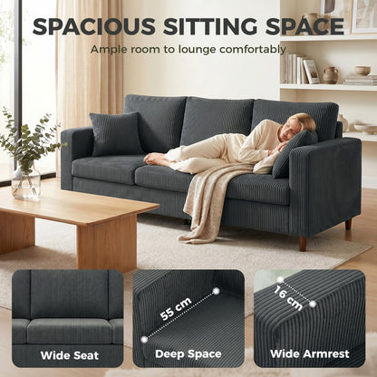Sofa 3 places siège large et profond en velours côtelé