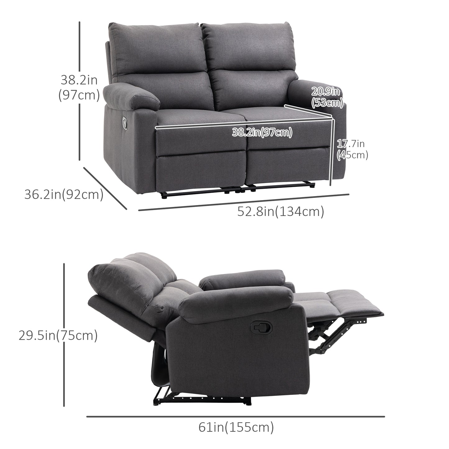 Causeuse inclinable 2 places avec repose-pieds et dossiers divisés