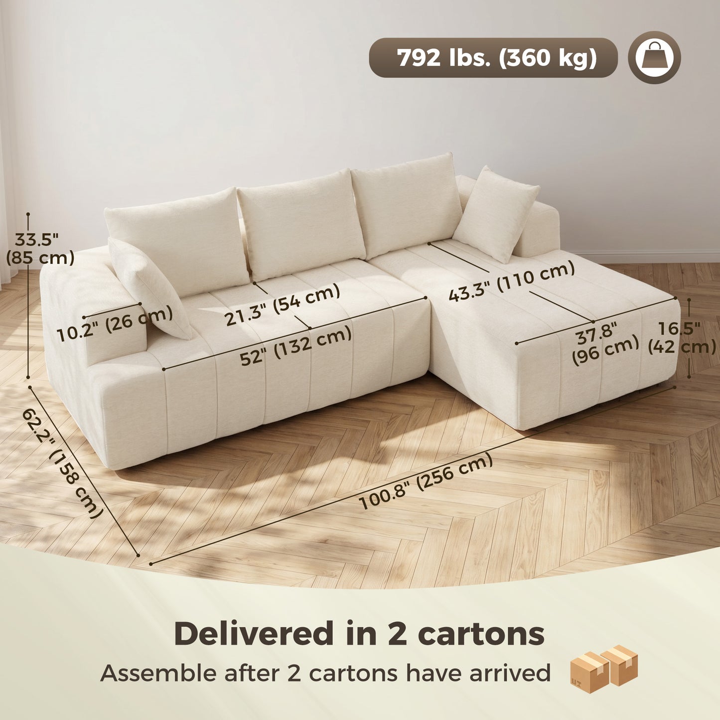 Sofa sectionnel modulaire en chenille avec méridienne — 3 places
