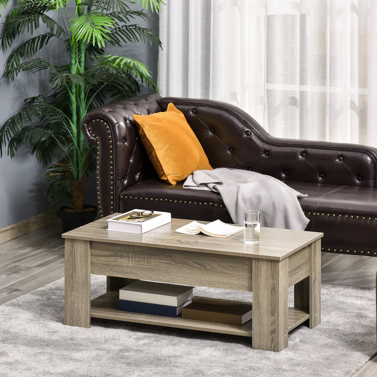 Table basse relevable avec rangement caché et tablette