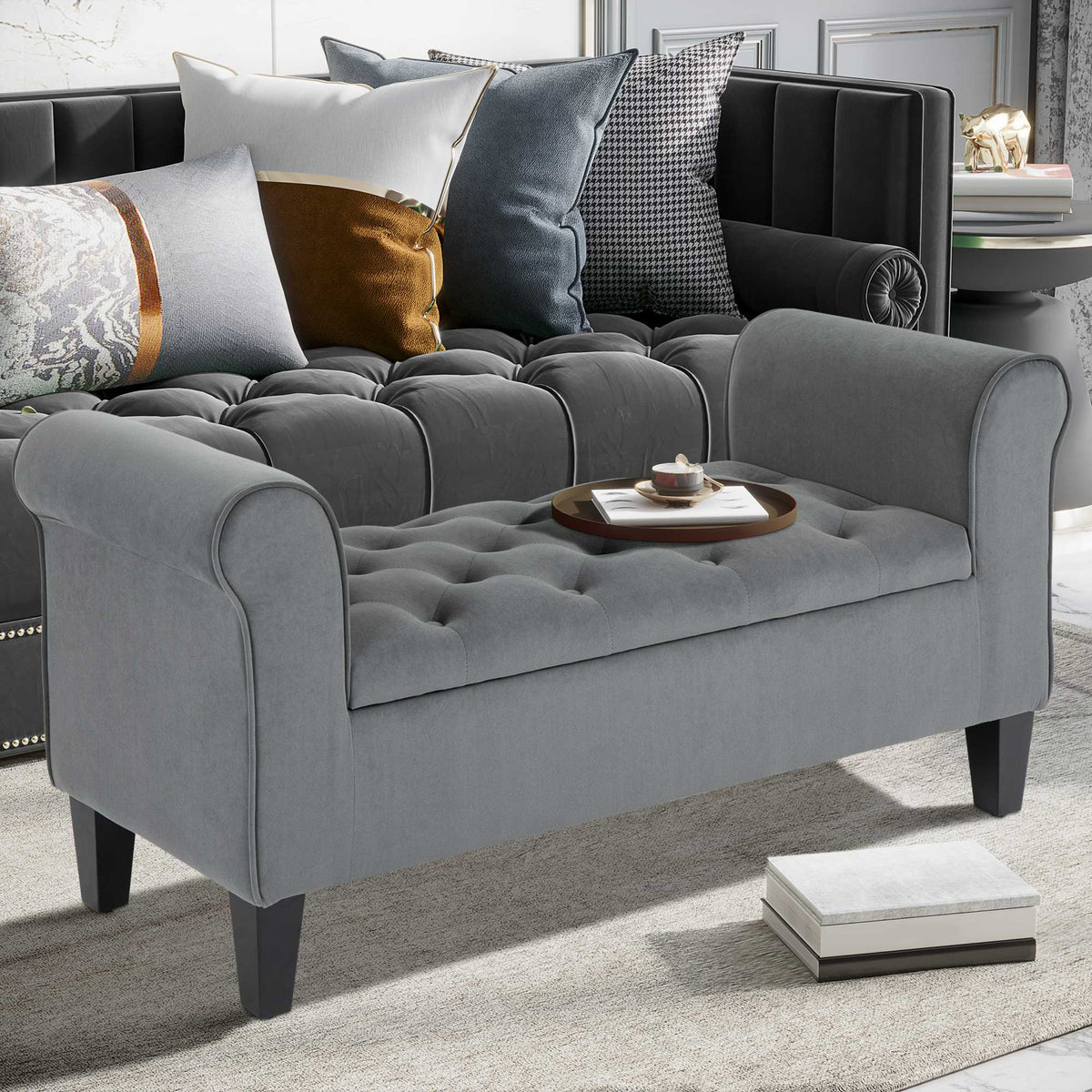 Banc de rangement capitonné avec accoudoirs