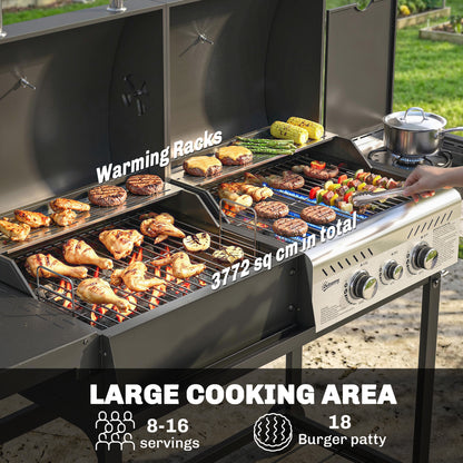 Barbecue combiné charbon et gaz 2 brûleurs avec roulettes