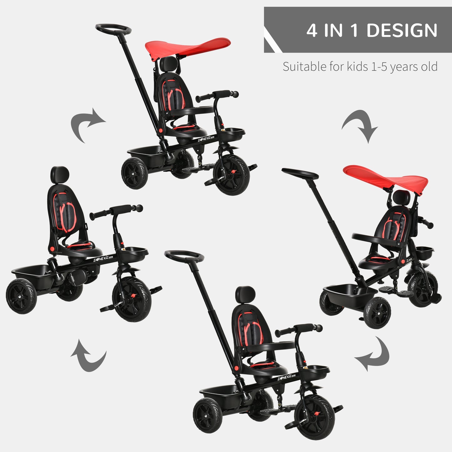 Tricycle évolutif 5-en-1 avec poignée parentale