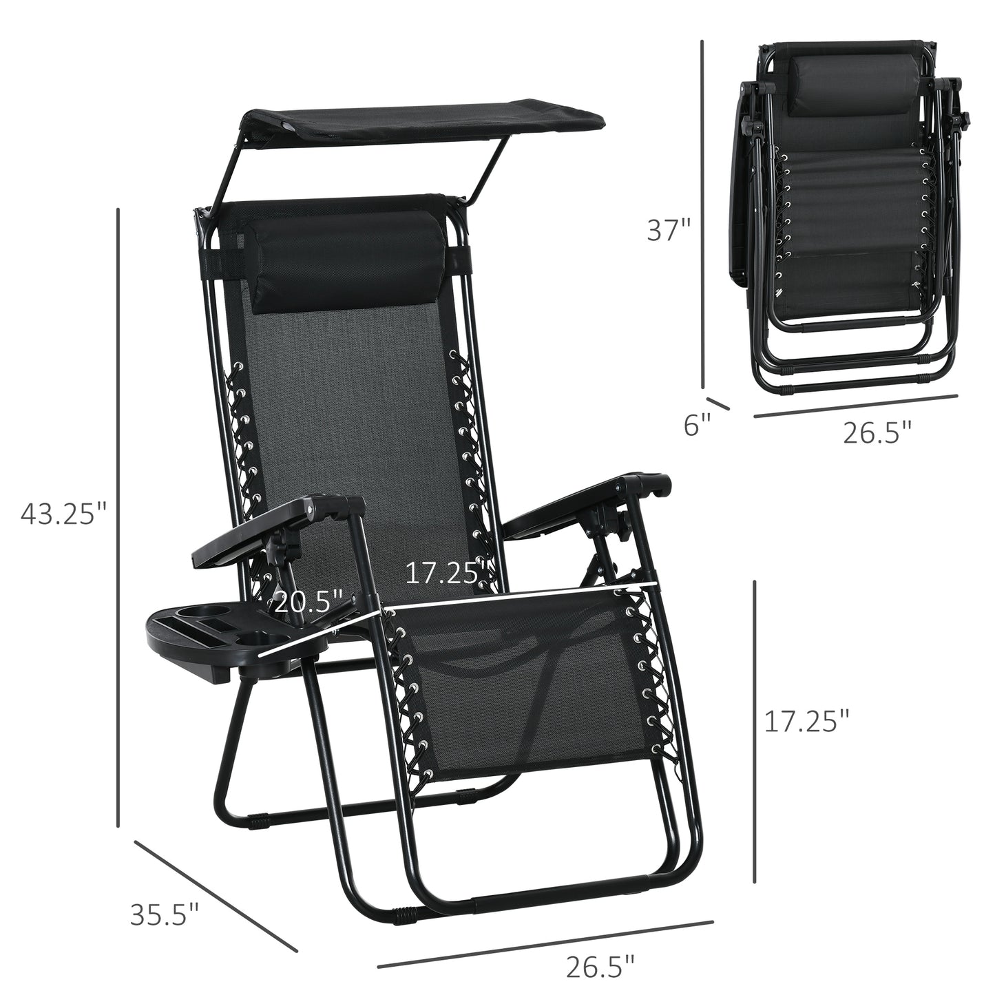 Chaise longue zéro gravité pliable avec auvent