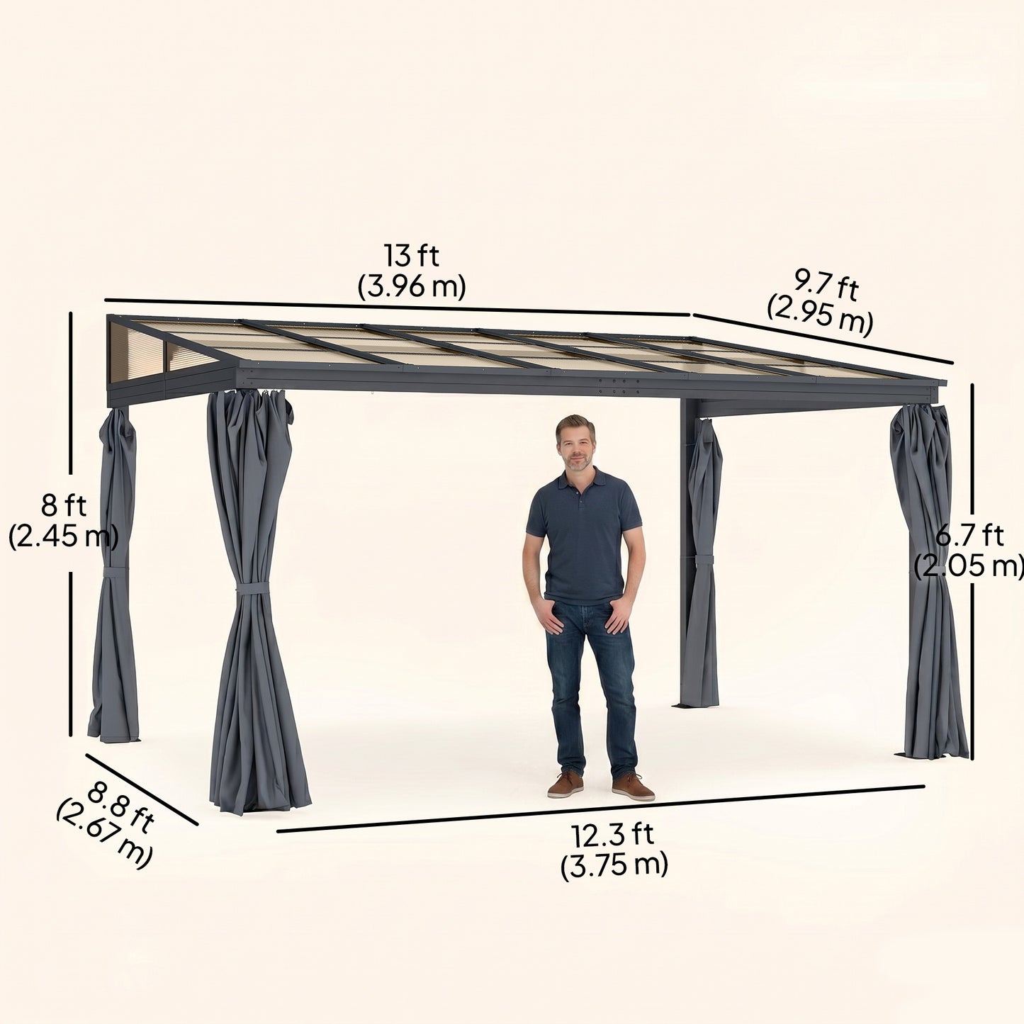 Pergola aluminium toit polycarbonate avec rideaux