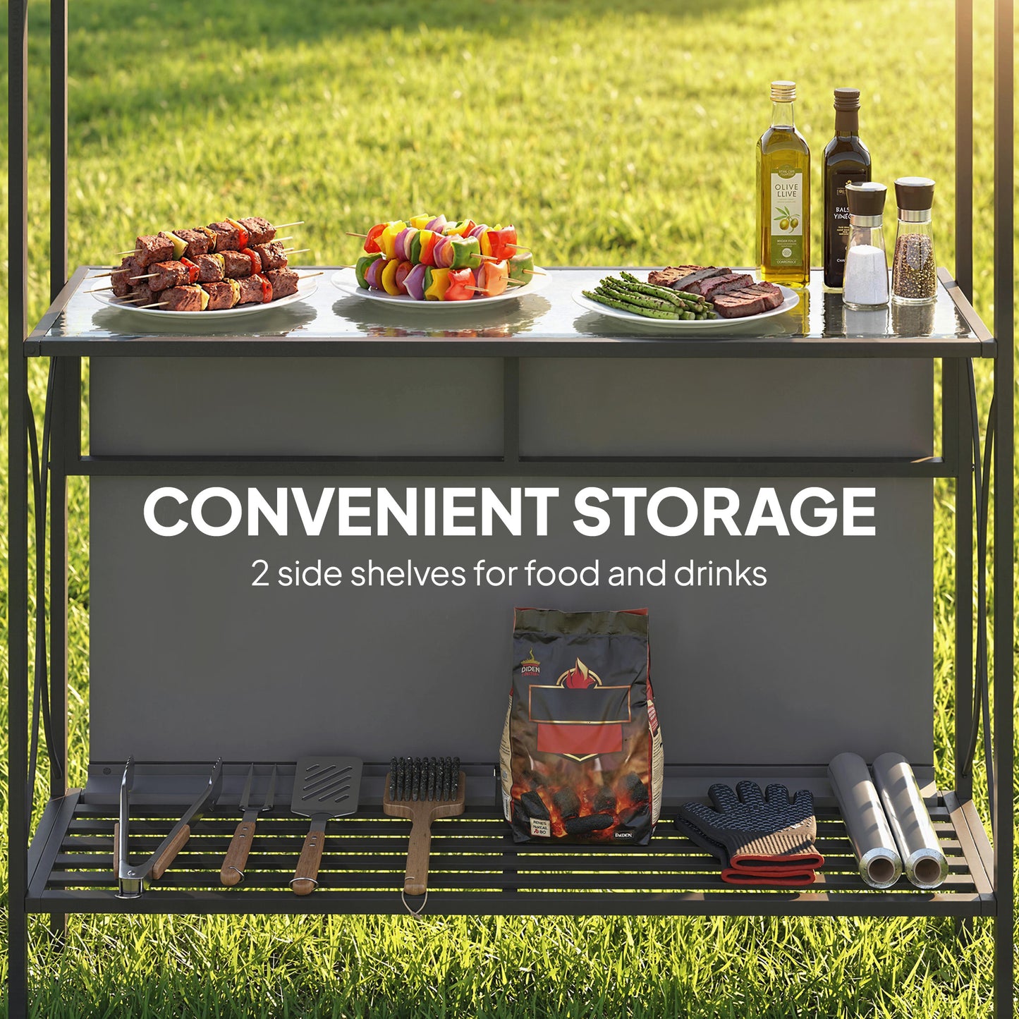 Gazebo BBQ avec 2 tablettes latérales 253 x 150 cm