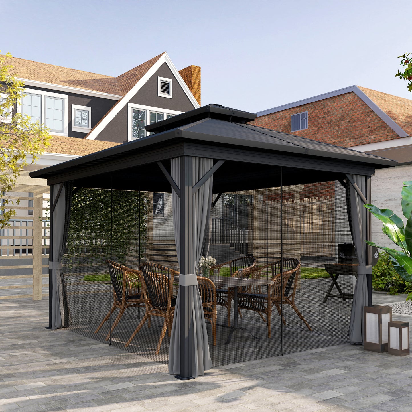 Gazébo toit rigide 3x3,7m double niveau moustiquaire