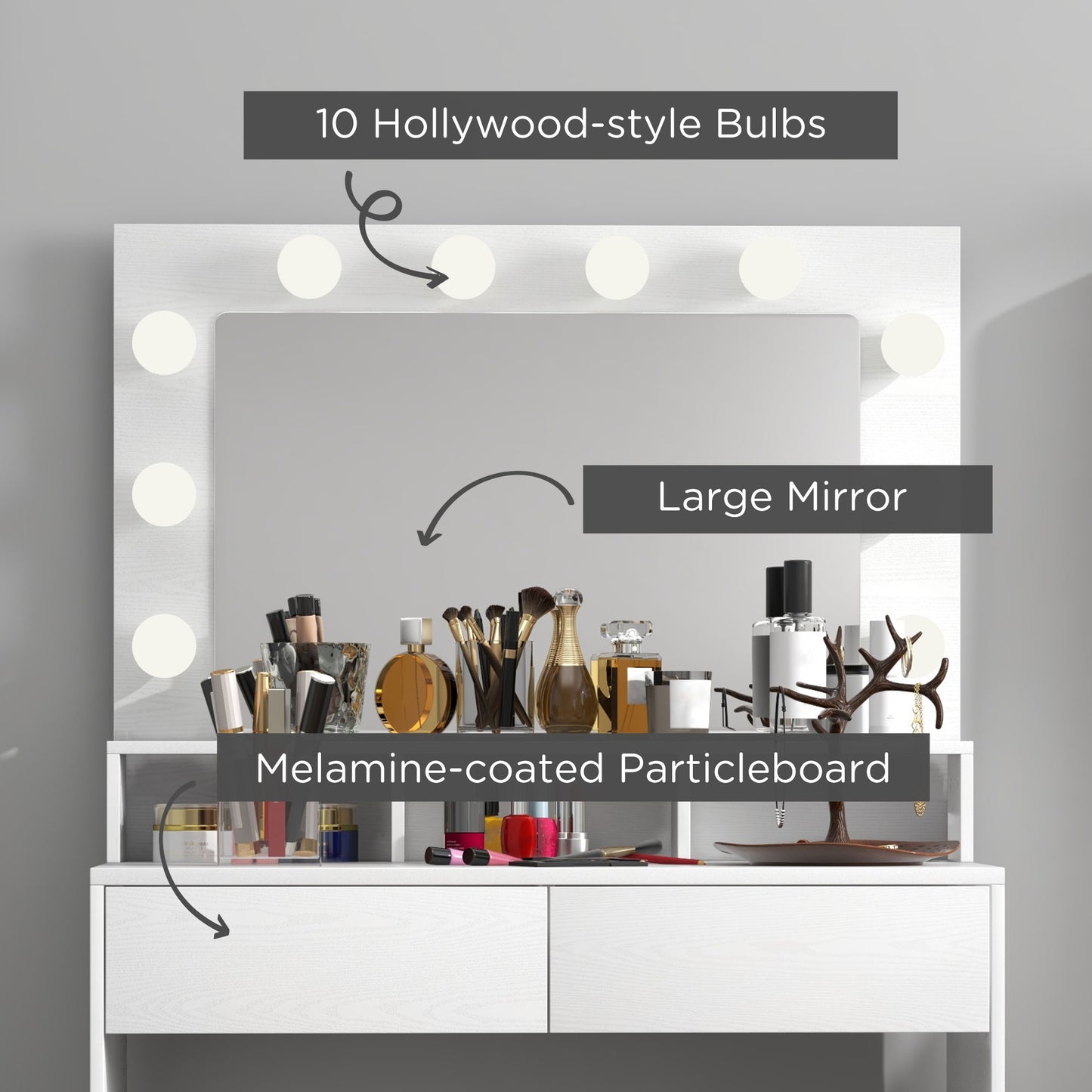 Coiffeuse avec miroir éclairé LED et tiroirs