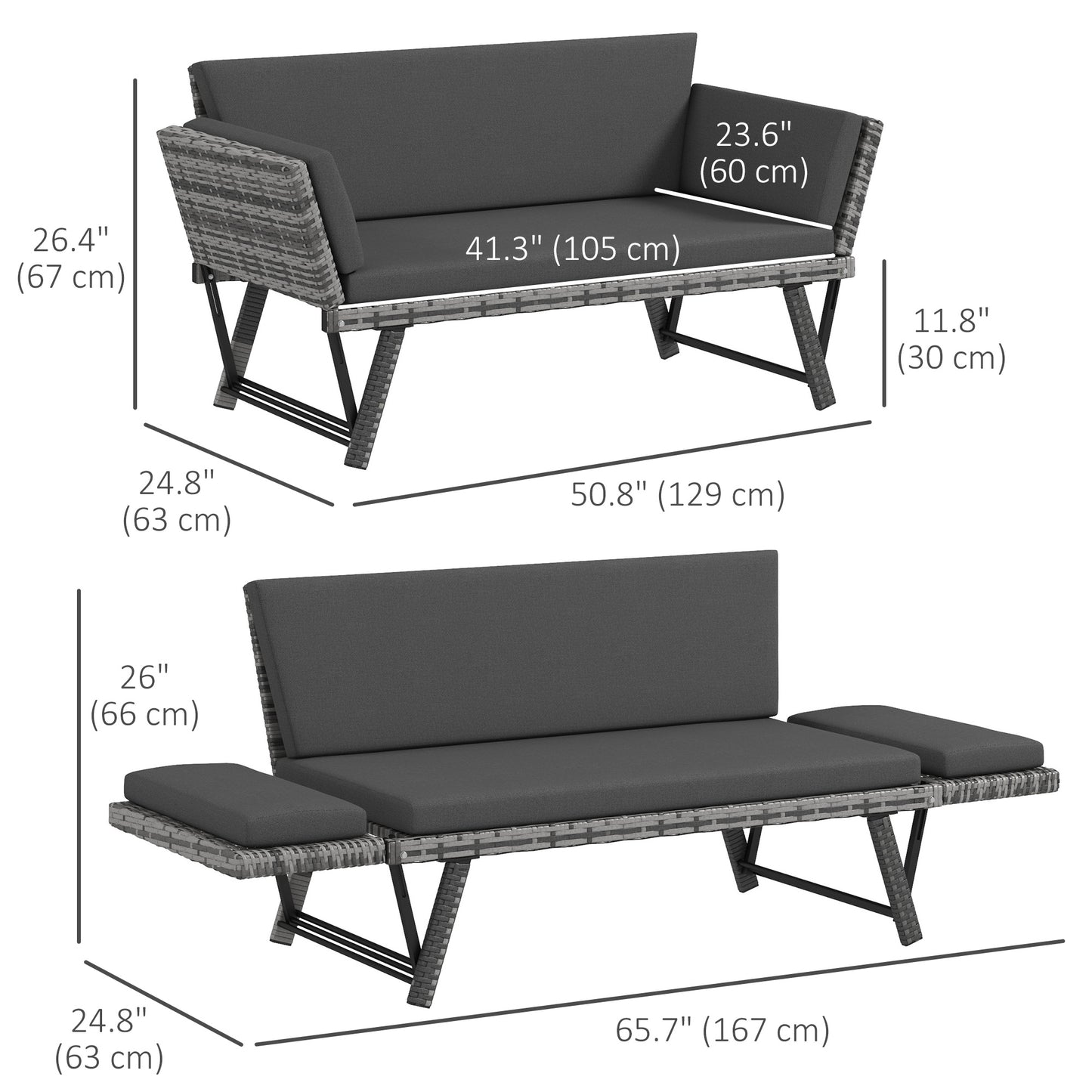 Causeuse convertible en osier pour patio — gris