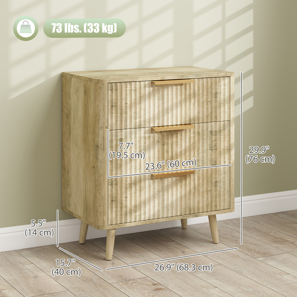 Commode 3 tiroirs moderne à cannelures en bois