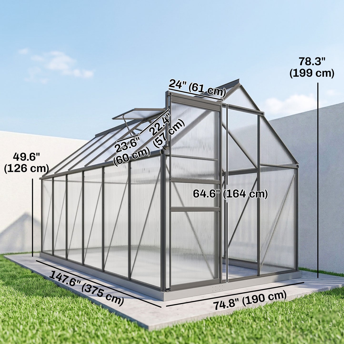  190x375x199cm Charcoal Grey Polycarbonate Greenhouse with Ventilation