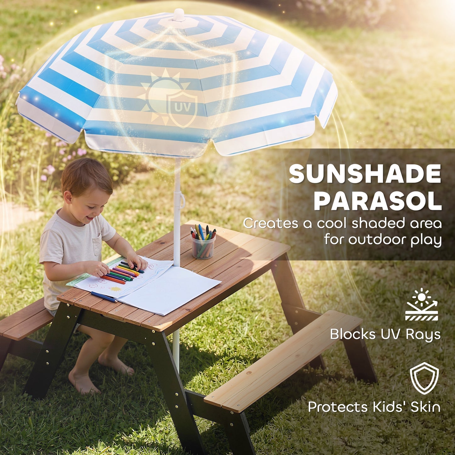 Table de pique-nique enfant 3 en 1 avec parasol