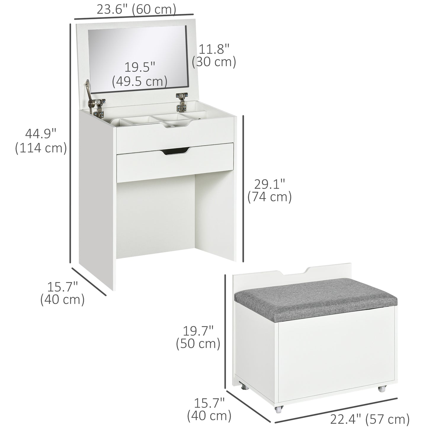 Coiffeuse avec miroir rabattable et tabouret