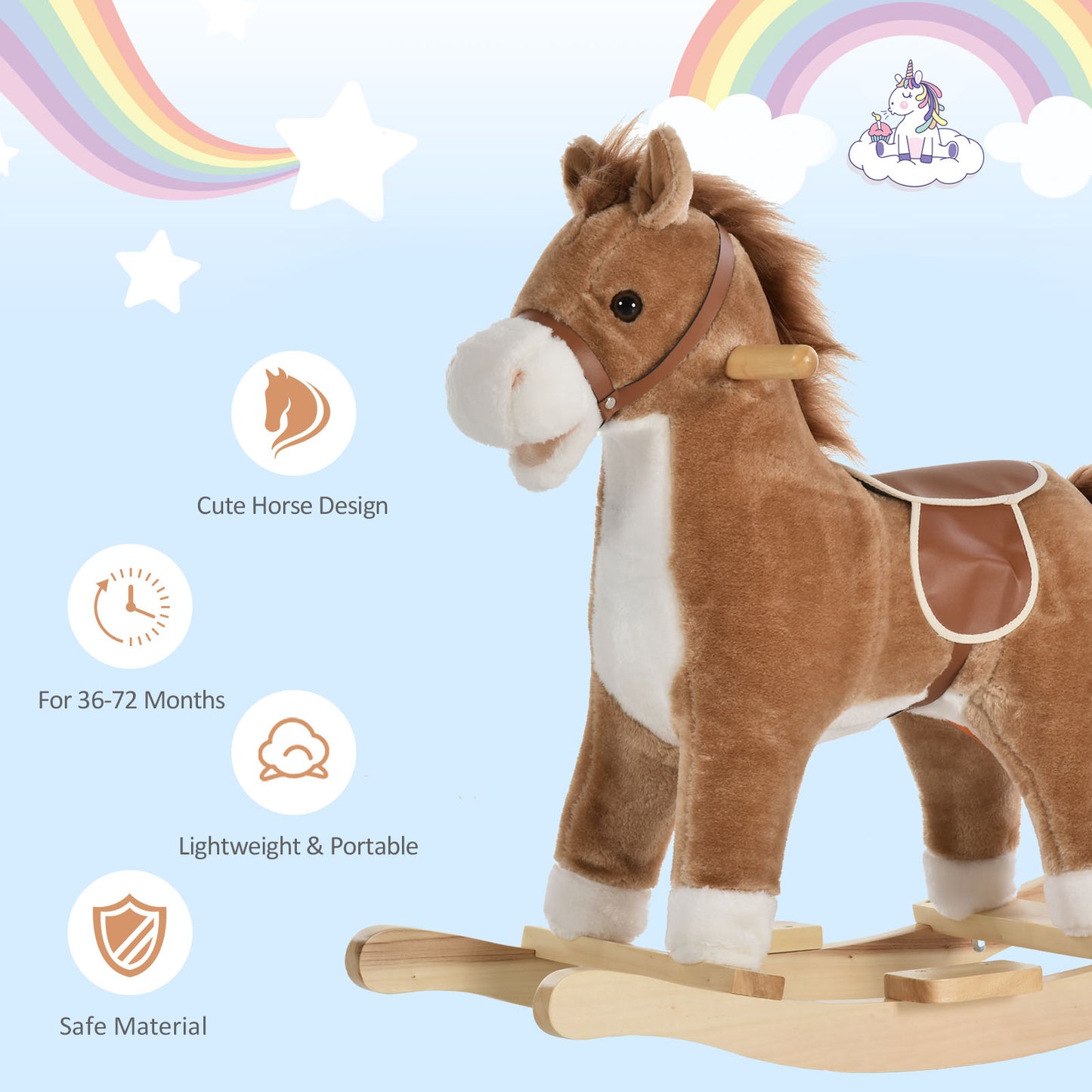 Cheval à bascule en peluche avec sons et base en bois