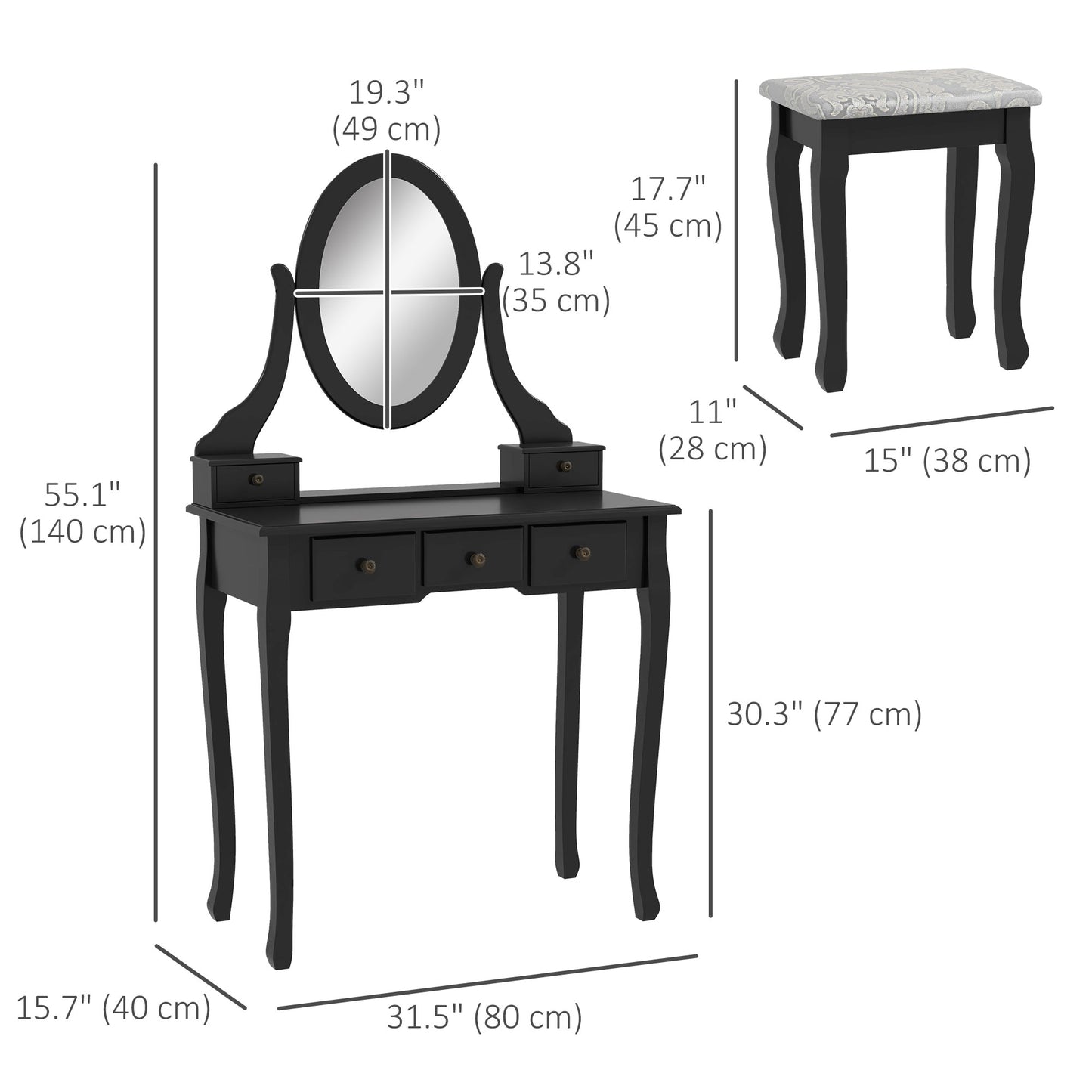 Coiffeuse avec tabouret miroir rotatif 360° 5 tiroirs