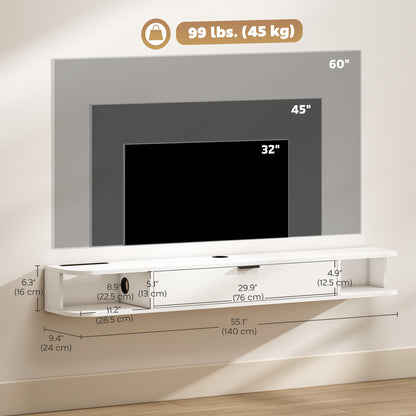 Meuble TV mural avec tiroir et 2 tablettes ouvertes