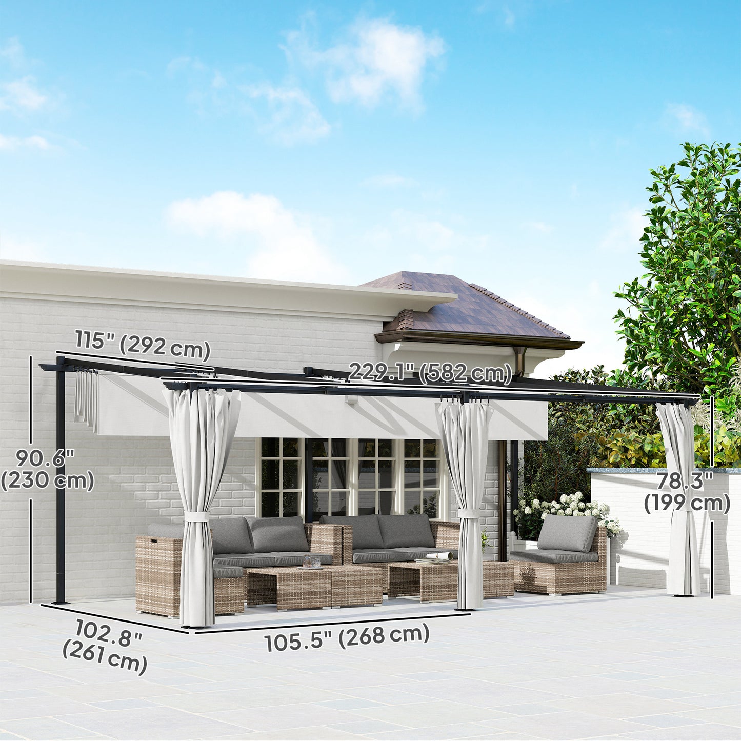 Pergola rétractable en métal avec rideaux latéraux