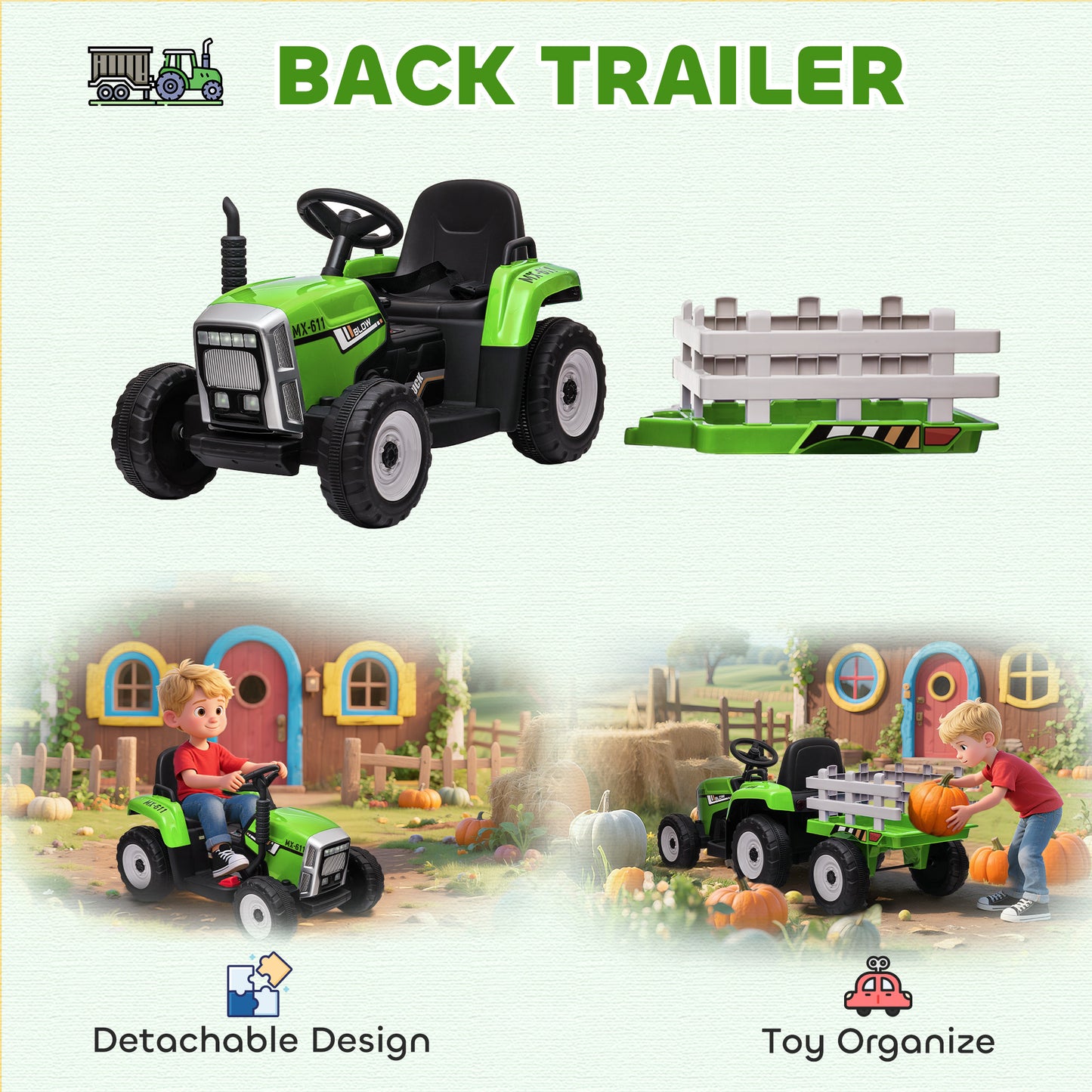 Tracteur électrique 12V pour enfants avec remorque
