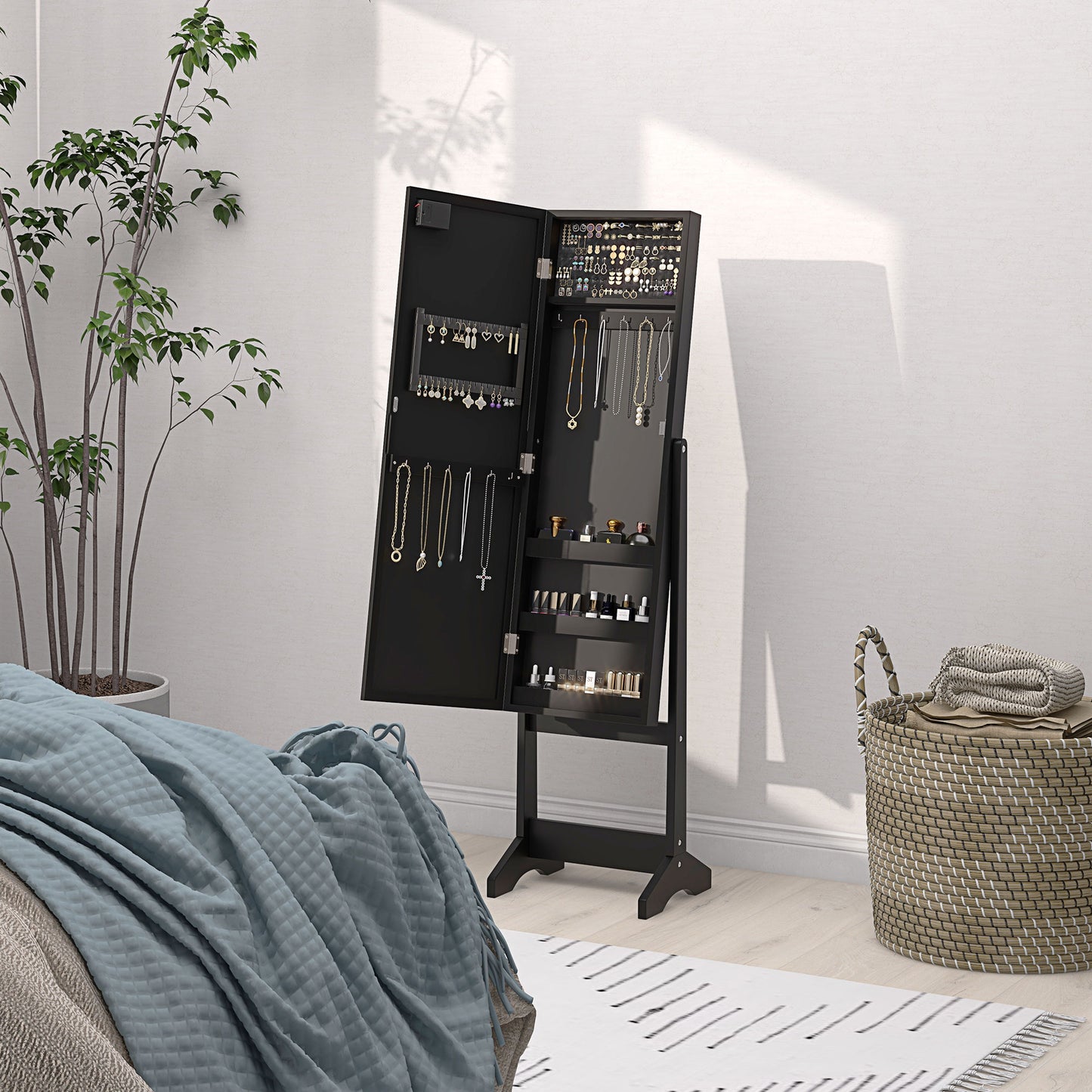 Armoire à bijoux sur pied avec miroir et lumières LED