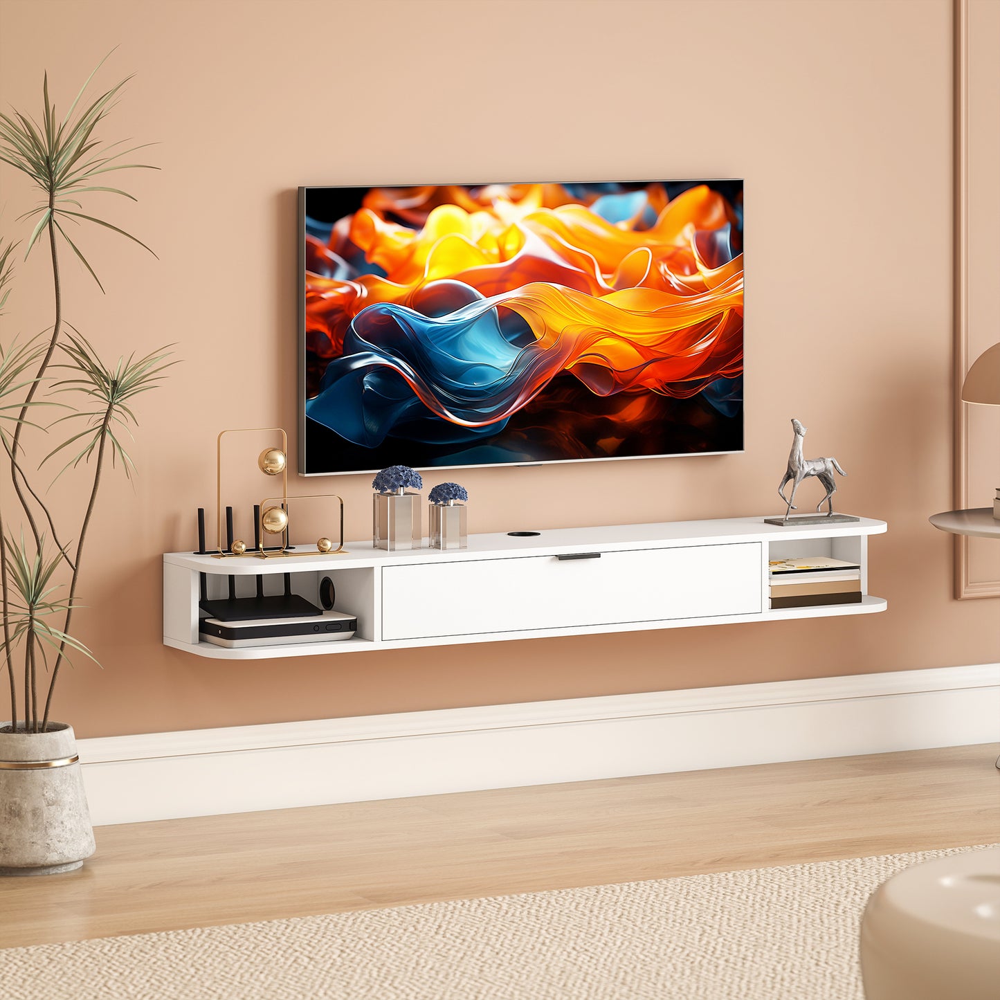 Meuble TV mural avec tiroir et 2 tablettes ouvertes