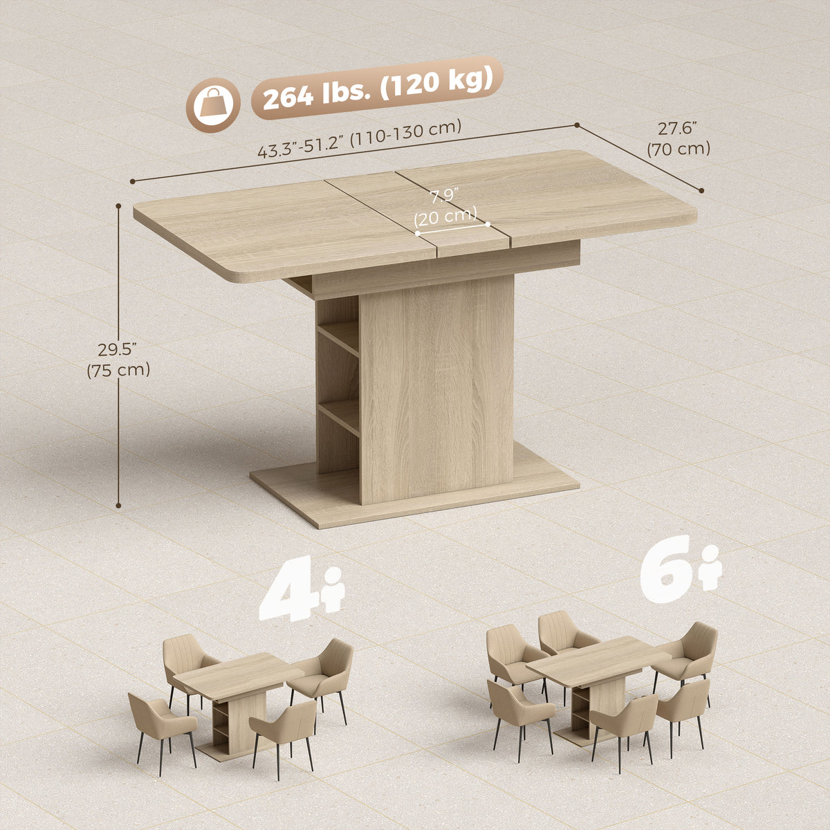 Table à manger extensible avec étagères intégrées