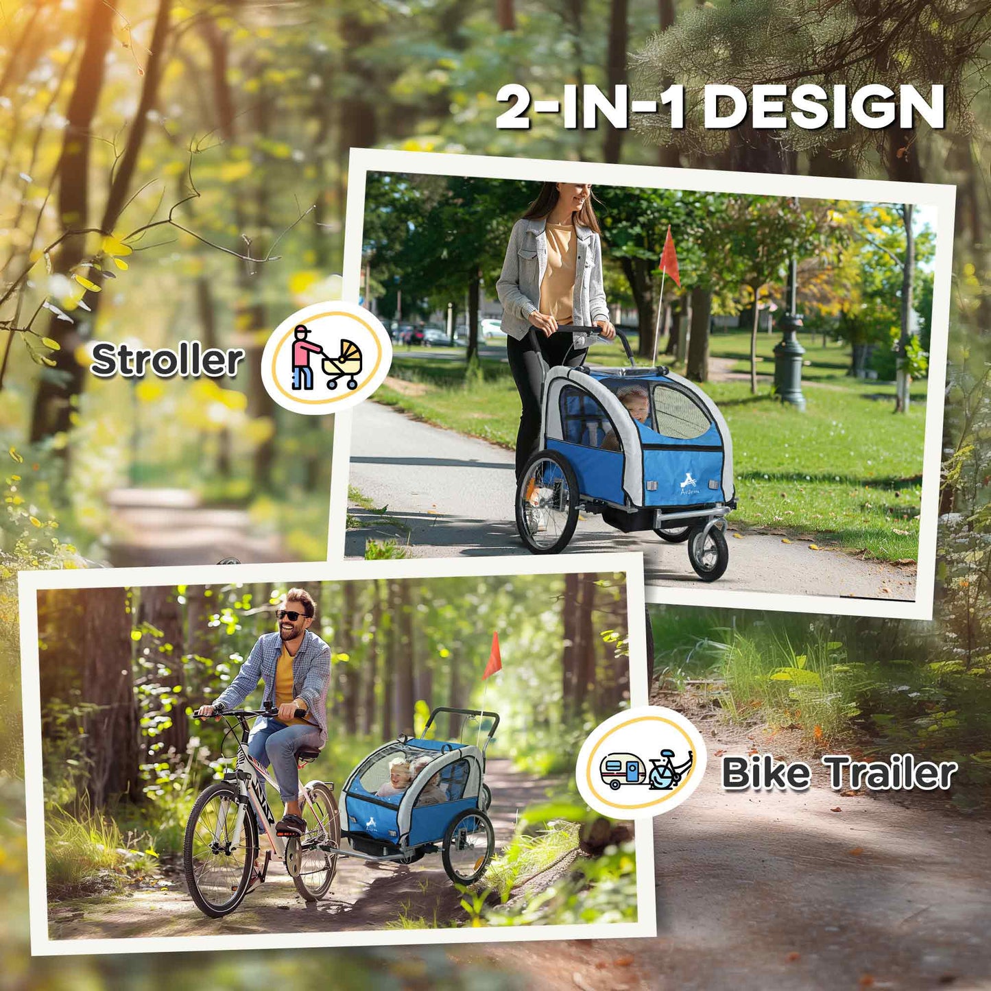 Remorque vélo enfants 2-en-1 avec poussette pliable