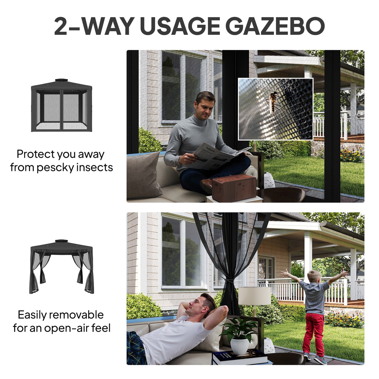 Gazebo patio toit double moustiquaire 2,9m x 2,9m