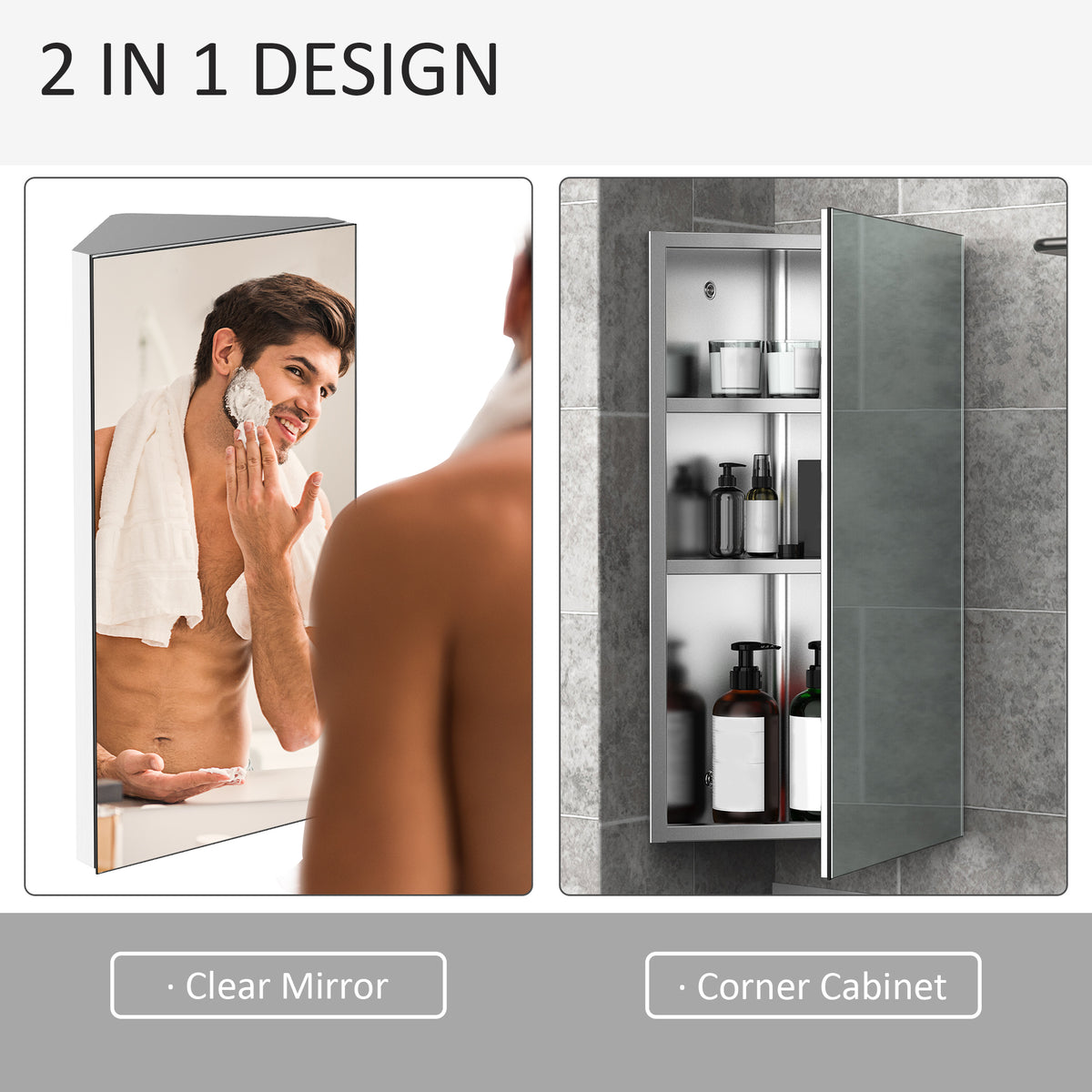 Armoire de toilette d'angle murale en acier inoxydable