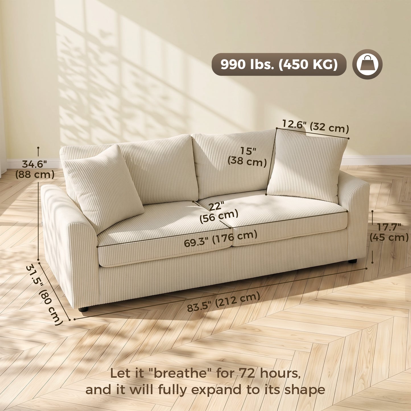 Sofa 3 places moderne en velours côtelé avec ressorts