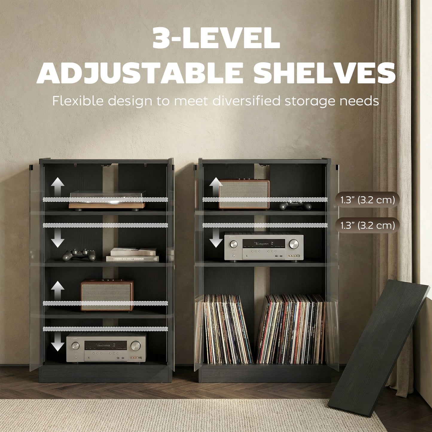 Meuble audiovisuel 5 niveaux portes vitrées push-to-open
