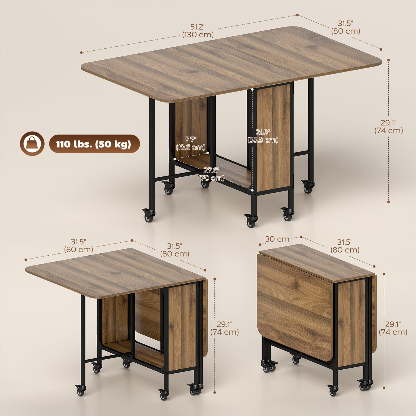 Table à manger pliante extensible avec tablette et roulettes
