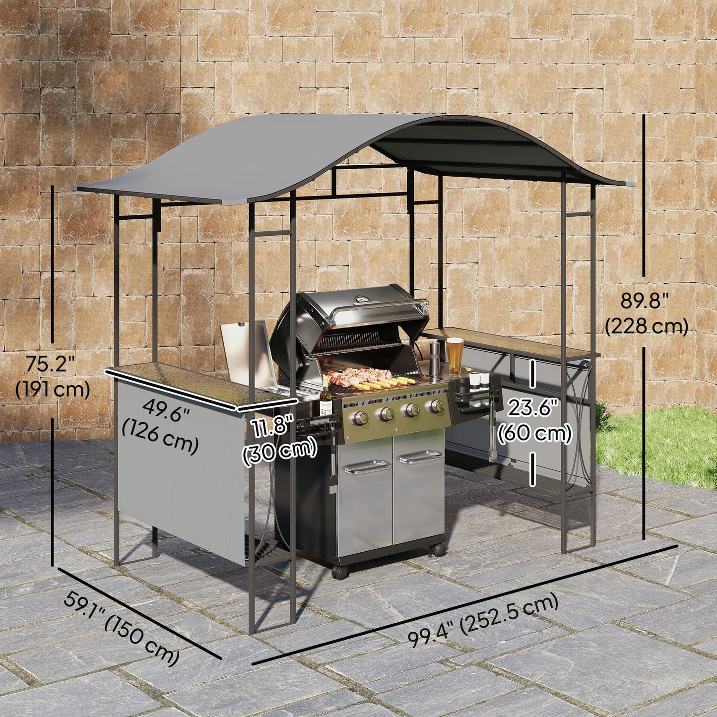 Gazebo BBQ avec 2 tablettes latérales 253 x 150 cm