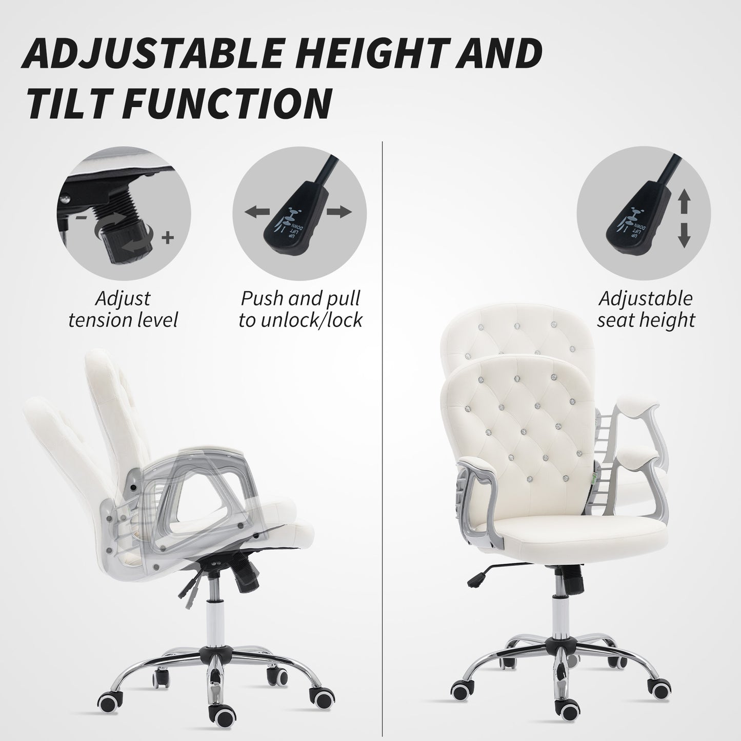 Chaise de bureau capitonnée cuir synthétique cristaux décoratifs