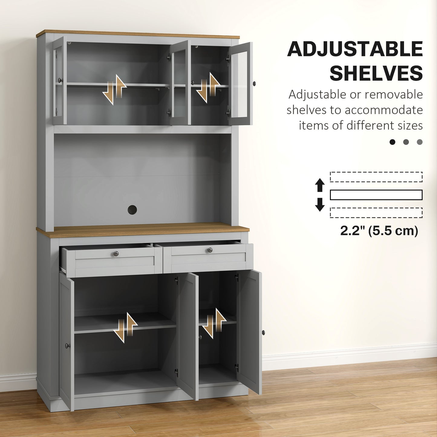 Armoire-buffet cuisine avec espace micro-ondes et portes vitrées